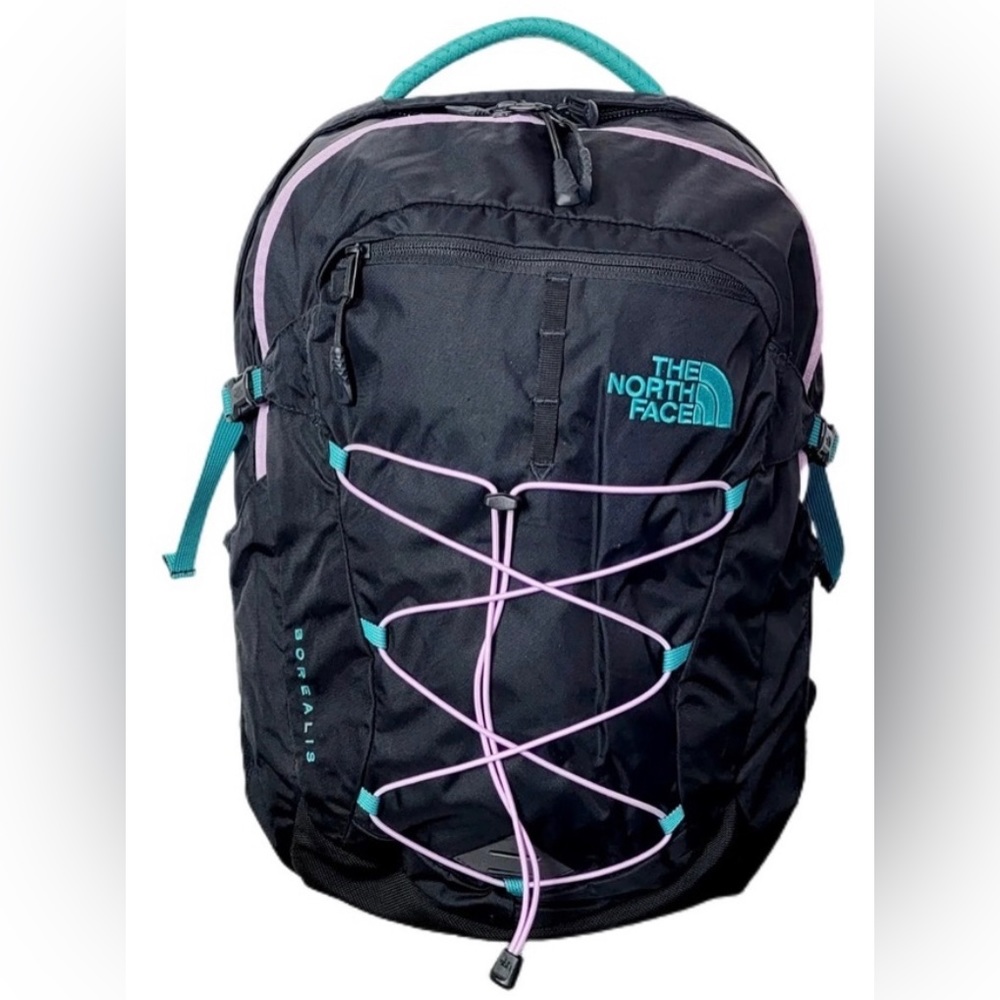 The North Face Black and Green Backpack with Bungee Cord Design